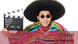  Presentation with clapper - Slide set enhanced with funny mexican in poncho with clapper-board isolated on white background and a red colored foreground