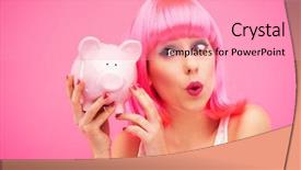  Presentation with bank - Presentation design having funny money - attractive woman holding piggy bank background and a coral colored foreground
