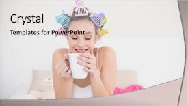  Presentation with smell - Presentation design enhanced with funny natural brown haired woman in hair curlers enjoying coffee smell in bright bedroom background and a light gray colored foreground
