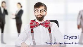  Presentation with old fashioned - Beautiful presentation theme featuring funny old fashioned man sitting by a desk backdrop and a sky blue colored foreground