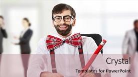  Presentation with old fashioned - Amazing presentation design having funny old fashioned man sitting by a desk with big pencil backdrop and a coral colored foreground