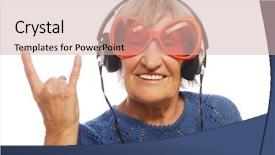  Presentation with old music - Amazing presentation design having funny old lady listening music and showing thumbs up isolated on white backdrop and a soft green colored foreground