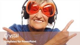  Presentation with old music - Presentation enhanced with funny old lady listening music and showing thumbs up isolated on white background and a coral colored foreground