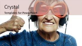  Presentation with old music - Audience pleasing presentation theme consisting of funny old lady listening music and showing thumbs up isolated on white backdrop and a coral colored foreground