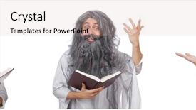  Presentation with wizard - Audience pleasing PPT theme consisting of funny old wizard with book backdrop and a mint green colored foreground