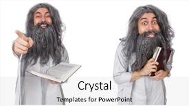  Presentation with old book - Colorful PPT theme enhanced with funny old wizard with book backdrop and a light gray colored foreground