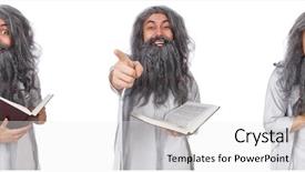  Presentation with old book - Slide deck with funny old wizard with book background and a white colored foreground