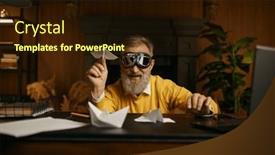  Presentation with funny - Presentation design enhanced with funny-overjoyed-mature-man-wearing and a wine colored foreground