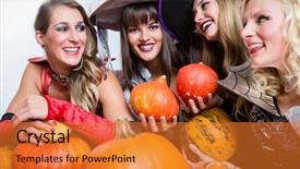  Presentation with women - PPT theme featuring funny party costumes while act background and a gold colored foreground