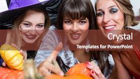  Presentation with witches - Beautiful slide deck featuring funny party costumes while act backdrop and a tawny brown colored foreground