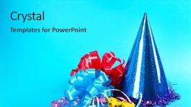  Presentation with party invitation gold - PPT theme having funny party hat on blue background and a  colored foreground