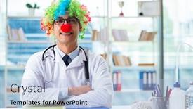 Presentation with pediatrician - Slide deck enhanced with kids telemedicine - funny pediatrician with clown wig background and a light blue colored foreground