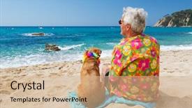  Presentation with 3d man sitting question mark - Beautiful PPT layouts featuring funny people - senior man sitting with dog backdrop and a  colored foreground