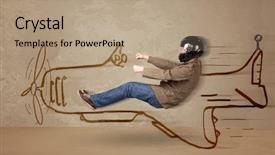  Presentation with airplane pilot - Slides featuring funny pilot driving a hand drawn airplane on the wall concept background and a coral colored foreground
