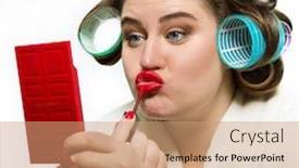  Presentation with lipstick - PPT layouts with funny portrait of blue-eyed woman in dressing gown and in curlers with red lipstick on her lips looking at the mirror over white background background and a coral colored foreground