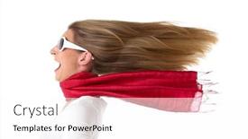  Presentation with funny - PPT theme having funny-portrait-of-young-woman background and a white colored foreground