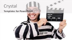  Presentation with prison - Presentation theme consisting of funny prison inmate with movie board isolated on white background and a white colored foreground