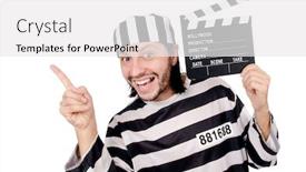  Presentation with prison - Audience pleasing presentation theme consisting of funny prison inmate with movie board isolated on white backdrop and a white colored foreground