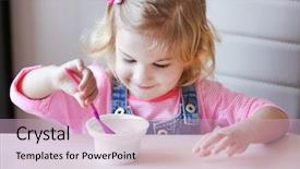  Presentation with yogurt - Presentation theme having funny products - cute little girl eating yogurt background and a soft green colored foreground