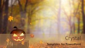  Presentation with happy holiday - Slide set featuring funny-pumpkin-on-old-tree background and a coral colored foreground