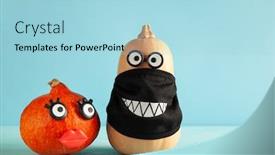  Presentation with faces - Amazing PPT theme having funny-pumpkins-with-faces backdrop and a light blue colored foreground