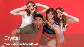  Presentation with community service happy volunteer group - PPT layouts having funny question - picture of young happy group background and a red colored foreground