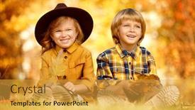  Presentation with kids fashion - Amazing presentation theme having funny romantic kids boy and girl spending time together in a beautiful autumn park children's fashion retro style backdrop and a gold colored foreground