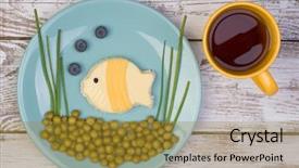  Presentation with breakfast sandwich - Beautiful presentation theme featuring young freelancer in bathrobe working from home using laptop computer while sitting on stairs backdrop and a light gray colored foreground.