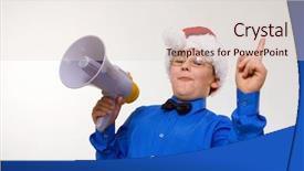  Presentation with attention - Presentation theme featuring funny school boy with megaphone draws attention background and a lemonade colored foreground