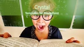  Presentation with book glasses - Cool new presentation theme with funny schoolgirl in big round backdrop and a tawny brown colored foreground