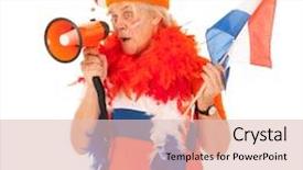  Presentation with dutch - Slide deck with funny senior woman as dutch soccer supporter isolated over white background background and a lemonade colored foreground