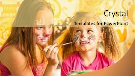  Presentation with two cute sisters playing - Beautiful PPT theme featuring funny sisters playing with painting backdrop and a blonde colored foreground