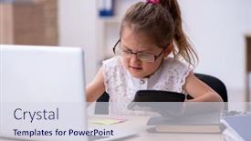  Presentation with funny - Slide deck consisting of funny-small-girl-bookkeeper-working background and a sky blue colored foreground