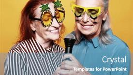  Presentation with elderly - Slide deck featuring funny-smiling-elderly-female-friends background and a teal colored foreground