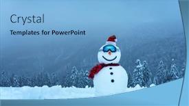  Presentation with happy new year - PPT theme featuring funny-snowman-in-ski-glass background and a light blue colored foreground