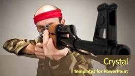  Presentation with ak 47 machine gun - PPT theme enhanced with funny soldier aiming with machine background and a tawny brown colored foreground