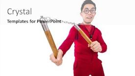  Presentation with funny - Cool new presentation theme with funny sportsman with nunchuks isolated on white backdrop and a white colored foreground