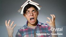  Presentation with many books - Cool new PPT theme with funny student with many books backdrop and a gray colored foreground