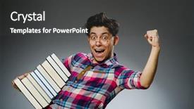  Presentation with many books - Beautiful PPT layouts featuring funny student with many books backdrop and a dark gray colored foreground
