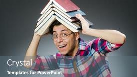  Presentation with many books - Audience pleasing PPT theme consisting of funny student with many books backdrop and a gray colored foreground