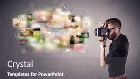  Presentation with memories - Audience pleasing presentation theme consisting of funny stylish hipster guy capturing moments and memories with a retro photo camera illustration concept backdrop and a dark gray colored foreground