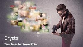  Presentation with memories - Slide deck consisting of funny stylish hipster guy capturing moments and memories with a retro photo camera illustration concept background and a gray colored foreground