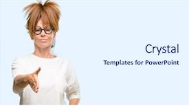  Presentation with blue handshake - Slides having funny welcome - crazy middle age woman wearing background and a white colored foreground