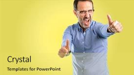  Presentation with stand - Amazing presentation design having funny welcome - handsome middle age man stand backdrop and a  colored foreground