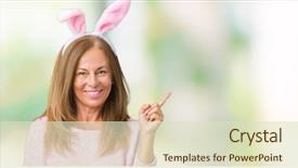  Presentation with middle east camel caravan - Slides enhanced with funny welcome - middle age brunette woman wearing background and a soft green colored foreground