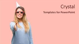  Presentation with trust - Audience pleasing PPT theme consisting of funny welcome - young woman celebrates birthday holds backdrop and a light gray colored foreground