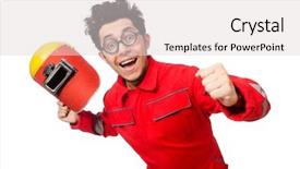  Presentation with funny - Cool new slide deck with funny welder isolated on white backdrop and a  colored foreground