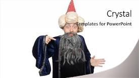  Presentation with wizard - Beautiful PPT theme featuring funny wise wizard isolated on the white backdrop and a white colored foreground