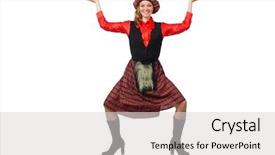  Presentation with white and black woman climbing ladders - Cool new PPT theme with funny woman in scottish clothing backdrop and a  colored foreground