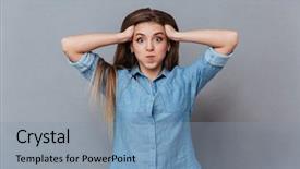  Presentation with head - Colorful slide set enhanced with funny woman in shirt holding her head and looking at camera isolated gray background backdrop and a light blue colored foreground